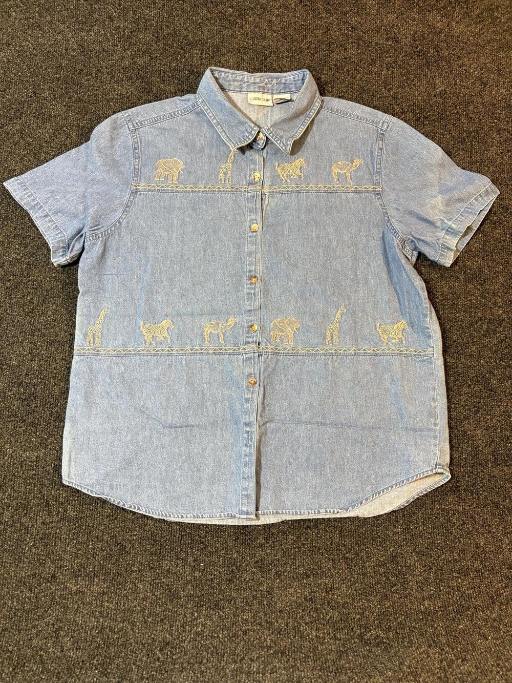 Cabin Creek Shirt Womens L Blue Denim Embroidered Safari Animal Button Up Top
